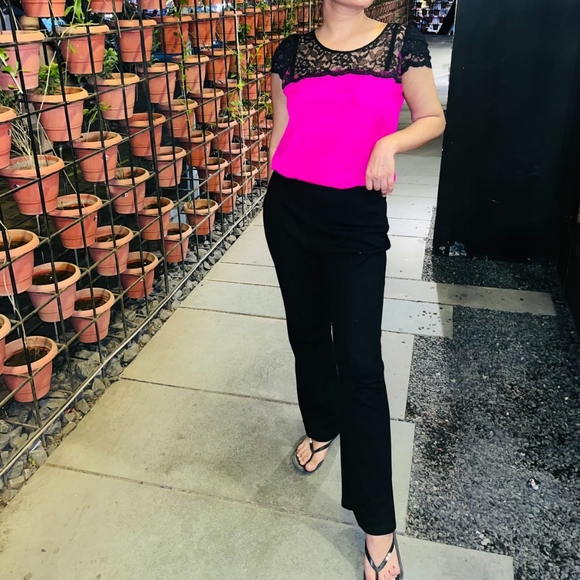 EXPRESS Fuschia pink top with black lace